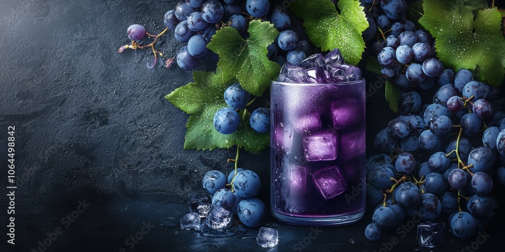 Poster refreshing grape juice with ice cubes.