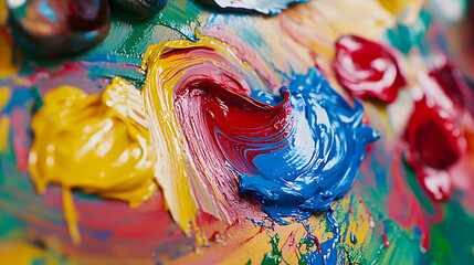 A close-up of a palette with colorful oil paint.