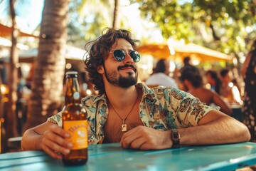 A young Brazilian guy relaxes at a plastic bar table, holding a bottle of beer and watching life around him. laid-back environment, warm and cheerful, reflecting the culture and essence of Brazil.