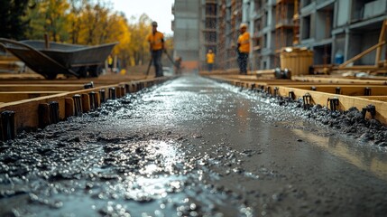 Two construction workers are busy pouring concrete at a construction site, surrounded by wooden forms and autumn trees in the background under clear skies.