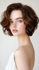Fototapeta premium A woman with short brown hair and a white dress