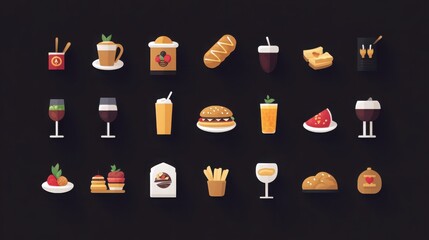 flat design icon set featuring restaurant menu items including drinks desserts and main courses for culinary creatives
