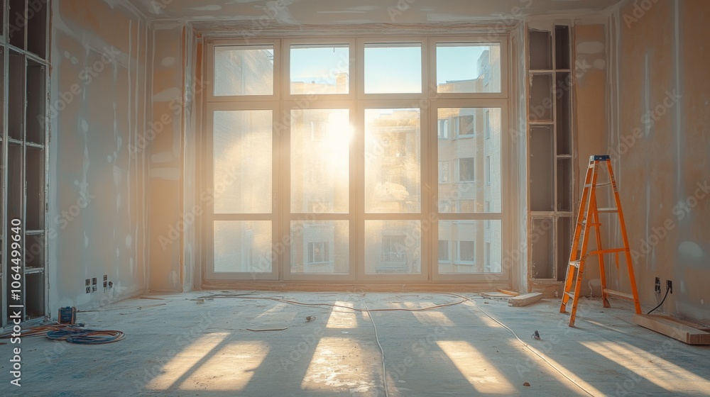 Fototapete sunlight fills the spacious, unfinished room, illuminating the dust in the air. a ladder stands near