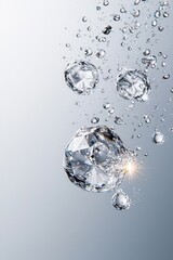 A close up of a diamond with water droplets surrounding it