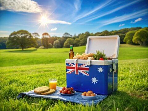 Esky Cooler Box in Australian Flag Colors on Grass - Perfect Picnic Accessory