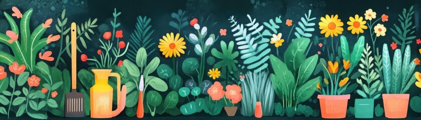 Vibrant illustration of a garden featuring tools plants and colorful flowers in a lush landscape