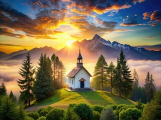 Fototapeta premium Ethereal Double Exposure of a Chapel Blending Nature and Spirituality for Tranquil Atmosphere