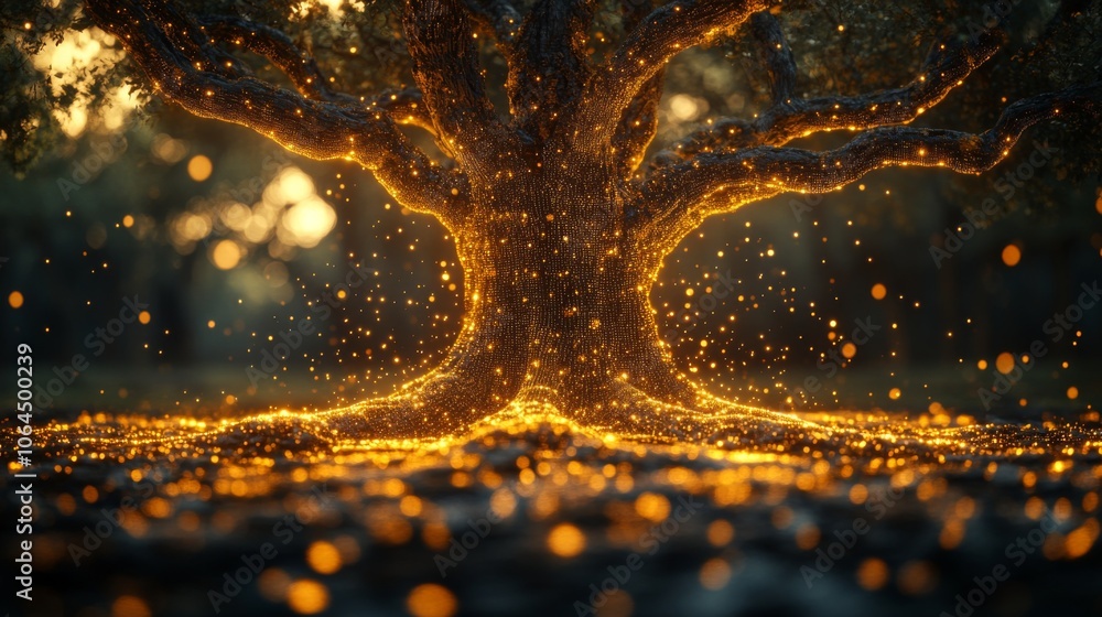 Aufkleber a majestic tree is surrounded by shimmering golden lights at twilight, casting an enchanting glow in