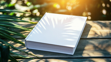 white hard cover book rests on wooden table, surrounded by lush greenery and soft sunlight filtering through leaves, creating serene atmosphere