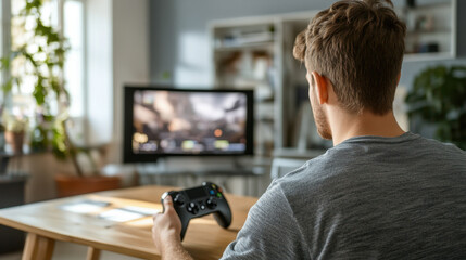 Gaming enthusiast enjoying video game on television screen, holding game controller in cozy living room setting. atmosphere is relaxed and engaging, perfect for immersive gameplay