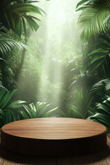 wooden podium is set against lush tropical forest backdrop, illuminated by soft rays of light filtering through dense foliage, creating serene and inviting atmosphere