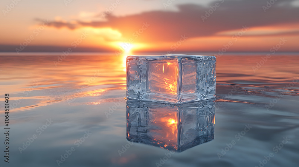 Poster a captivating sunset reflects off a clear ice cube resting on a serene water surface, merging nature