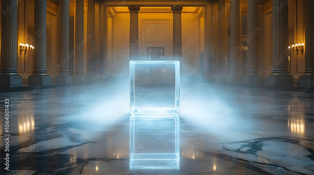 Aufkleber A mystical illuminated cube sits amid a grand, elegant space, shrouded in mist and illuminated by soft golden light from towering columns.