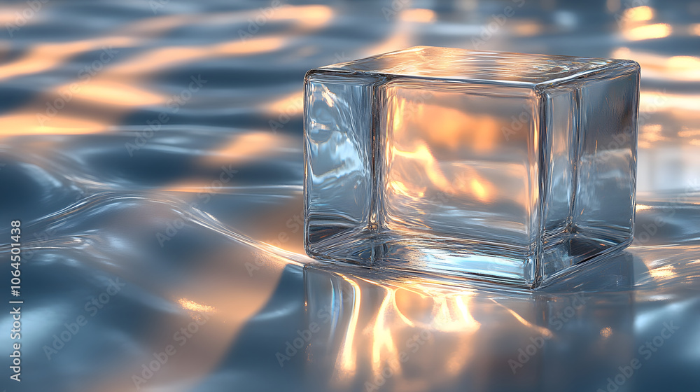 Poster a clear ice cube floats gracefully on shimmering water, reflecting soft light and creating a tranqui