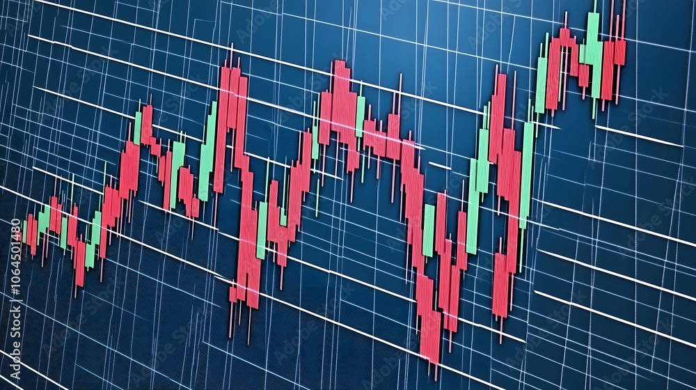 Poster a graphical representation of stock market trends, featuring fluctuating red and green candlestick p