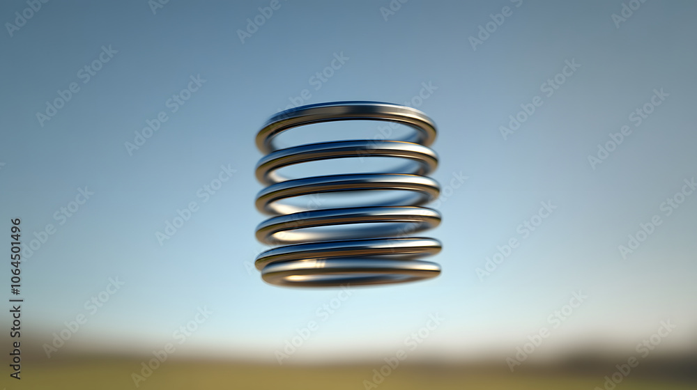 Poster a shiny metal spring floats against a blurred blue sky, showcasing its spiral shape and smooth surfa