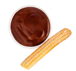 Churro isolated. Fried Churro with melting chocolate dip sauce in a  cup on white background. Churro pastry top view. Flat lay