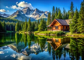 Cozy Log Cabin Surrounded by Pine Trees in a Serene Mountain Landscape