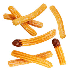 Churros isolated on white. Flying Fried churros with sugar cristals and melting chocolate  in the air. Levitating Traditional Spanish dessert. Top view. Flat lay