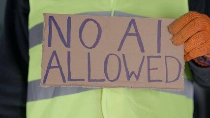 Mechanic Raises Firm Anti AI Message: Industrial Prohibition Scene | Hands-on Professional's Technology Ban | Traditional Engineering Skills Stand Close-up