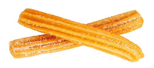 Churros isolated on white. Flying Fried churros with sugar cristals in the air. Levitating Traditional Spanish dessert. Collection