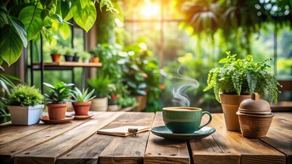 Cozy Rustic Workspace with Coffee and Greenery - Natural Bokeh Effect for Earthy Home Office Decor