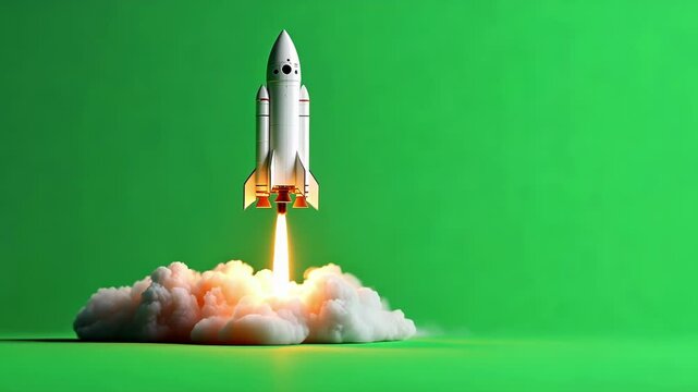 Spacecraft is launching up to the space leaving a cloud of smoke behind, perfect for chroma keying over a green screen
