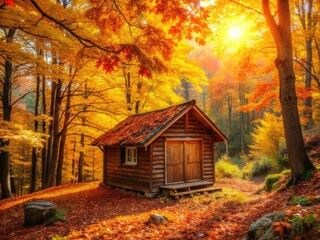 Cozy Wooden Hut in Autumn Leaves - Nature's Tranquility