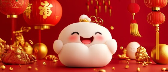 Fototapeta premium A cute dumpling character with a joyful expression, set against a vibrant Chinese New Year background featuring festive red lanterns, gold decorations, and traditional symbols of good luck.