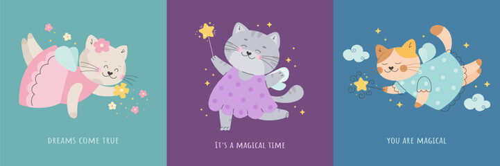 Cute fairy tale cat with wings magic poster set