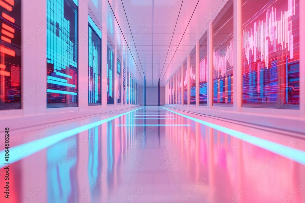 Aufkleber futuristic corridor featuring vibrant light reflections and digital data visuals, ideal for tech and