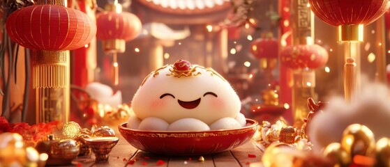 Naklejka premium A cute dumpling character with a joyful expression, set against a festive Chinese New Year background with red lanterns, golden accents, and traditional decorations, radiating warmth and celebration. 