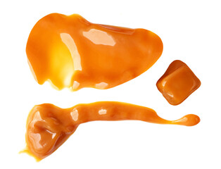 Caramel Isolated on white. Caramel with flowing sauce.  Melting caramel pieces and smears set. Collection. Caramel design elements.