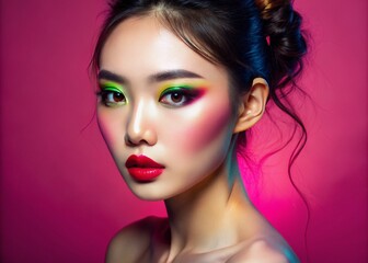 Fototapeta premium Korean Model Glossy Makeup Panoramic Pink Background AI Photo
