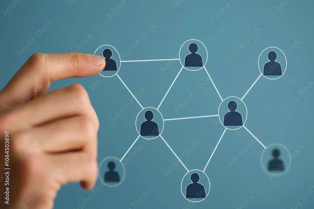Poster a close-up of a hand interacting with a digital network graphic, symbolizing connection and collabor