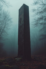 A tall, dark stone pillar stands in a foggy forest