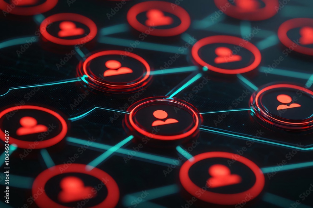 Poster a digitally rendered social network representation, featuring interconnected user icons in vibrant r