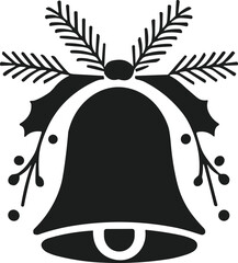 Festive Christmas Bell with Holly and Pine Branches - Holiday Silhouette Vector Illustration