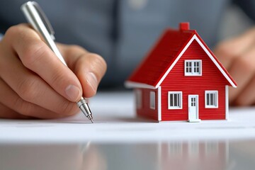 A hand holding a pen, preparing to sign documents next to a small red house model, symbolizing real estate and home ownership.