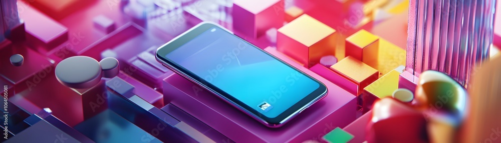Poster a smartphone resting on a colorful abstract geometric background