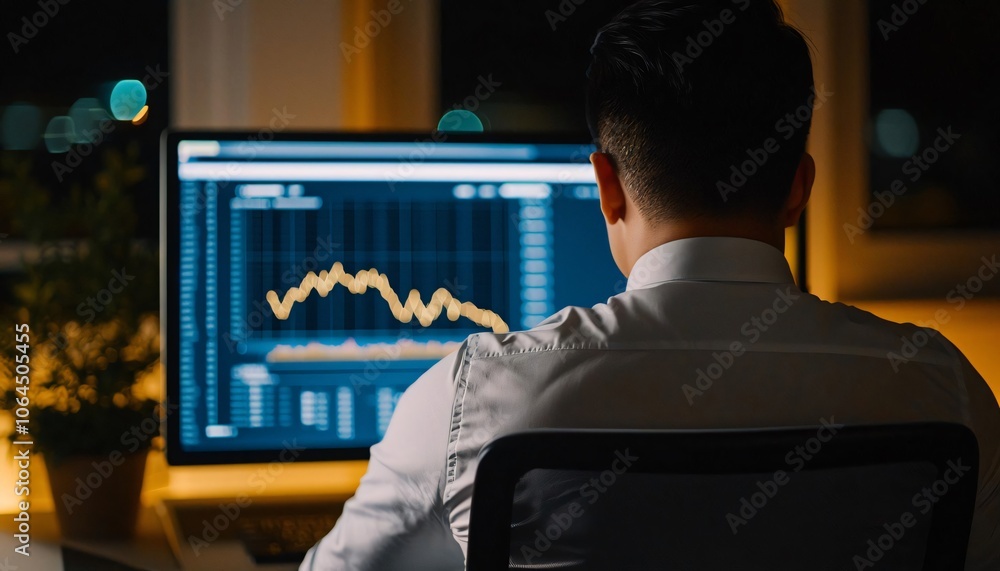 Poster a professional analyzing data on a computer screen at night, showcasing financial growth and trends 