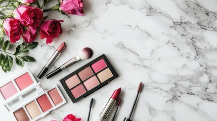 Lipstick, mascara, and eyeshadow palettes arranged artistically on a marble countertop.