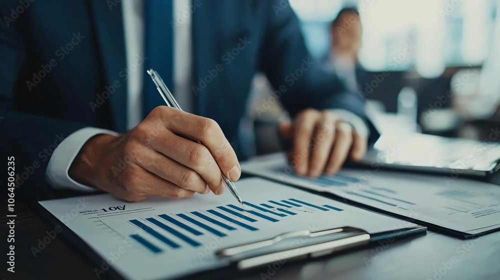 Poster business professional analyzing financial data on paper, focusing on bar charts and graphs with docu