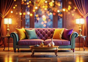 Obraz premium Luxury Living Room, Bokeh, Elegant Sofa, Pillows, Interior Design, AI Art