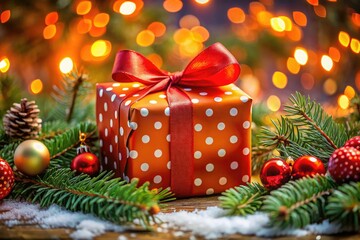 Festively Wrapped Christmas Present with Polka Dots and Red Ribbon Surrounded by Pine Branches and...