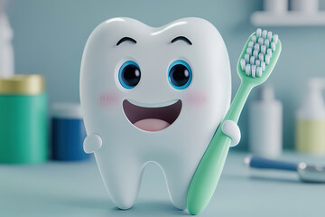 3D Cute Tooth Model Holding Toothbrush and Oral Care Concept