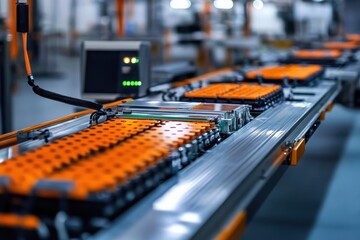 Mass production assembly line of electric vehicle battery cells close-up view, Depth of field