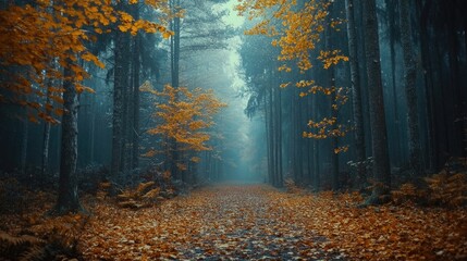Fog entering moody forest path covered with fallen autumn leaves