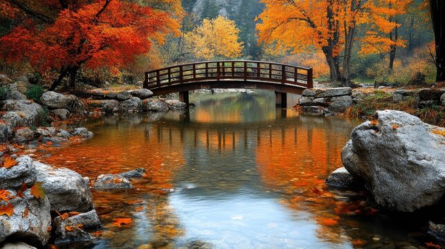 Wooden bridge reflecting in a pond during autumn foliage in eikando zenrin-ji temple, kyoto, japan