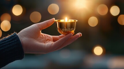 Close-up of a hand holding a golden cup against a blurred background, symbolizing achievement, recognition, and a moment of triumph.